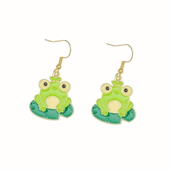 New Handmade "Frog on a Lily Pad" Dangle Earrings (1.6" long x 0.8" wide) - Picture 7 of 10